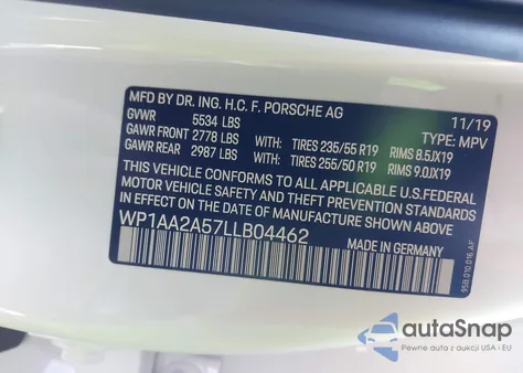 2020 Porsche Macan z USA, uszkodzony, nr VIN WP1AA2A57LLB04462